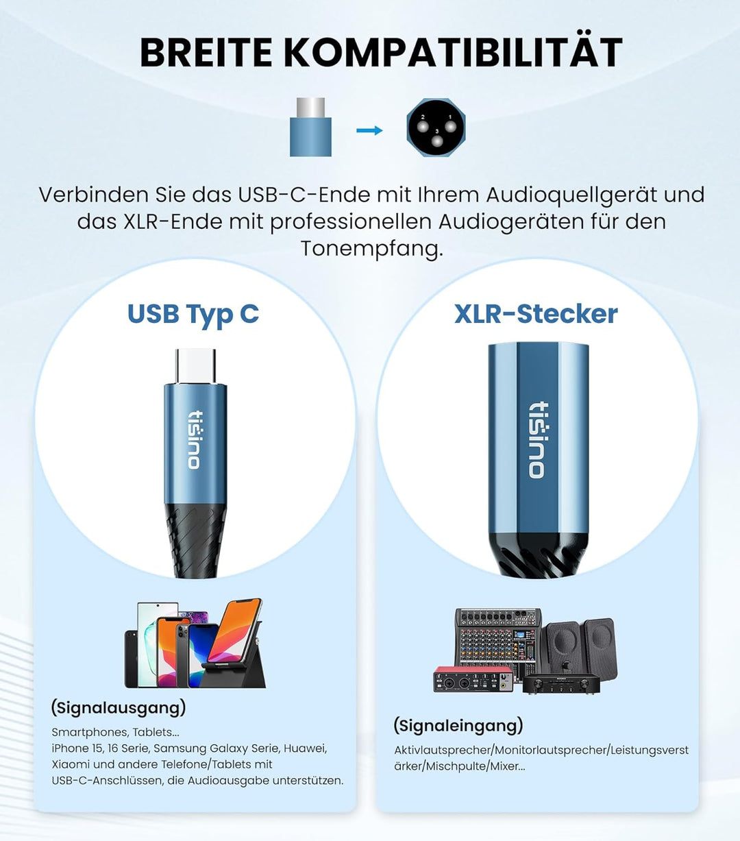 Tisino USB-C auf XLR Male Audio-Kabel 32 Bit/384 kHz DAC (3m), Digital-zu-Analog-Ausgang für Aktivla