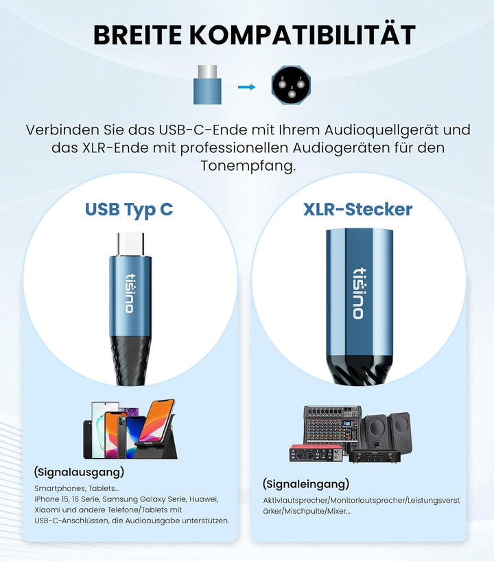 Tisino USB-C auf XLR Male Audio-Kabel 32 Bit/384 kHz DAC (3m), Digital-zu-Analog-Ausgang für Aktivla