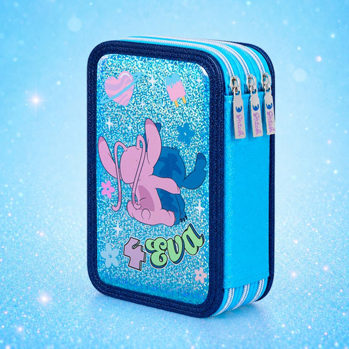 Stitch &amp; Angel 3D-Glitzer-Etui (2026–2027) mit 3 Reissverschlüssen – Luxuriöses Mäppchen mit 3 Fäche