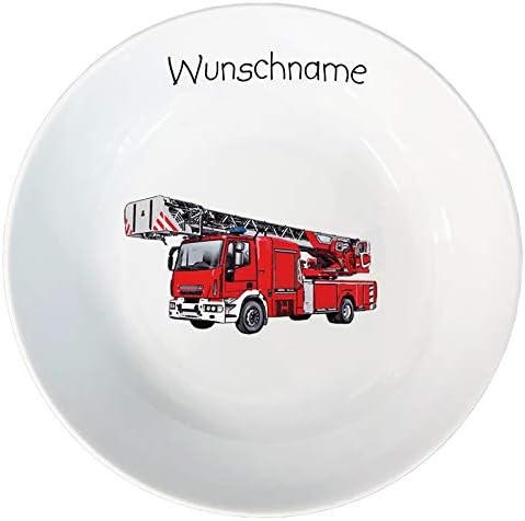 Kindergeschirr personalisiert - Frühstücksservice 3-tlg. Porzellan Feuerwehr Teller Becher Schale pe