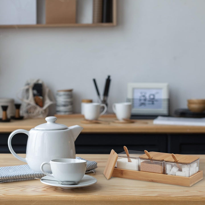 Relaxdays Gewürzbehälter 3er Set, Gewürzdosen mit Löffel & Deckel, Kunststoff, Bambus, Zuckerdosen,