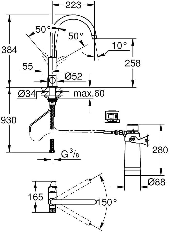 GROHE Blue Pure BauCurve - Einhand-Spültischbatterie mit Filterfunktion (Schwenkbereich 150°, Einloc