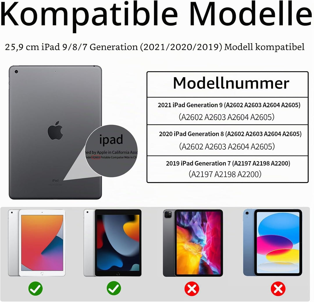 Tastatur Hülle für iPad 10,2 Zoll 9. 8. 7. Generation 2021 2020 2019, Abnehmbarer Bluetooth QWERTZ K