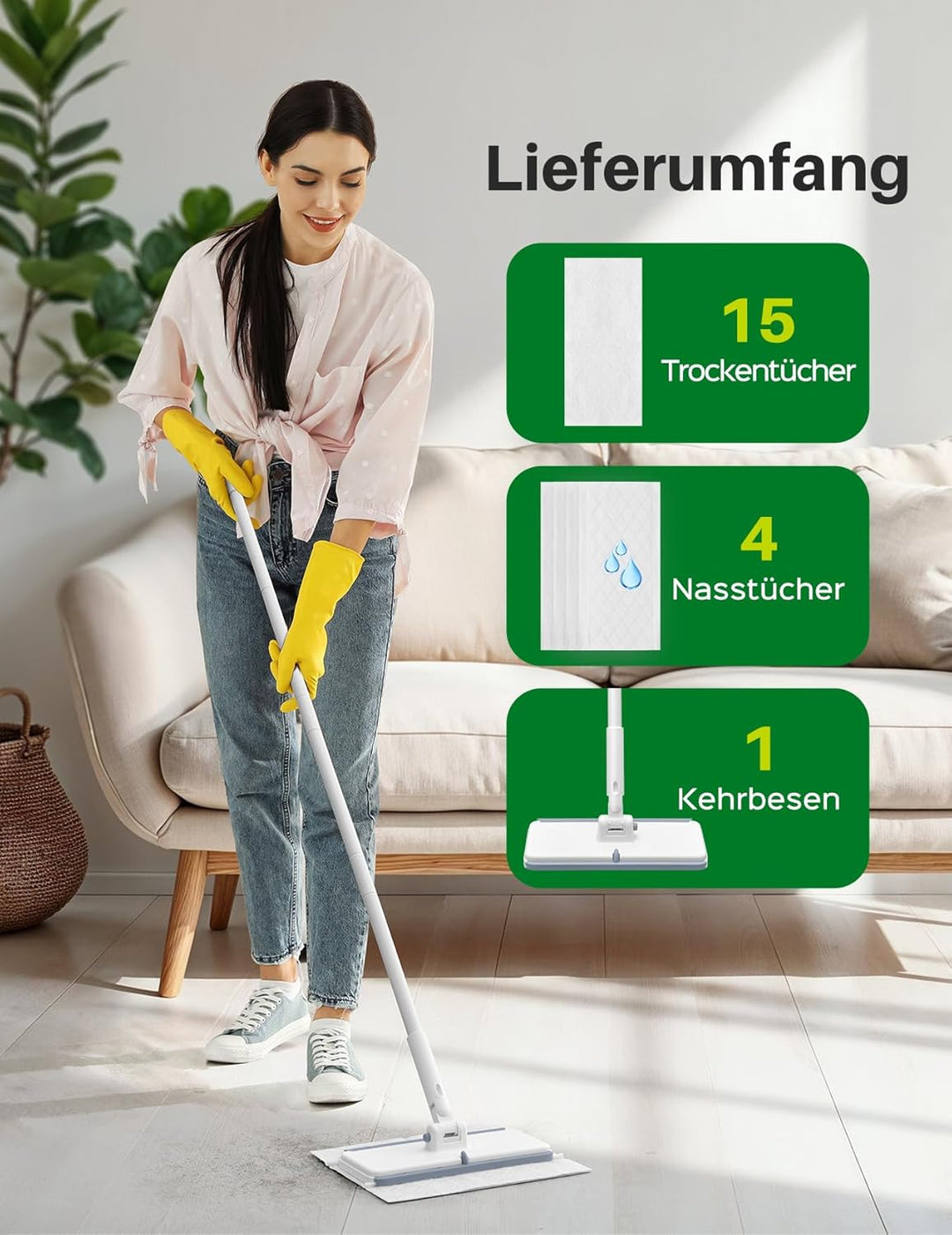 LyriFine Bodenwischer Set 2-in-1, Trocken- und Nasswischmopp mit One-Touch Abwurf, 1s Pad-Befestigun