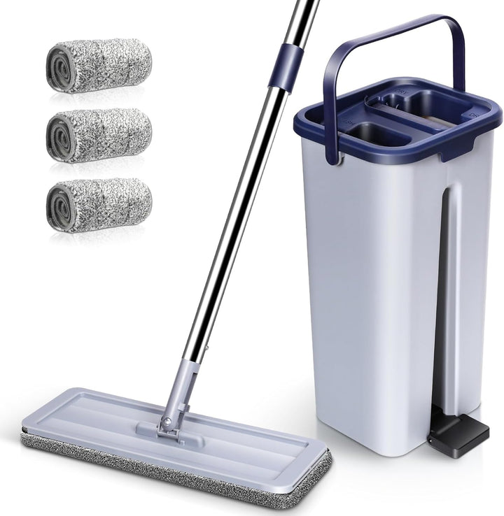 MASTERTOP Wischmopp Set mit Eimer, Bodenwischer Flachmopp mit Edelstahlgriff und 3 Mikrofaser Moppko