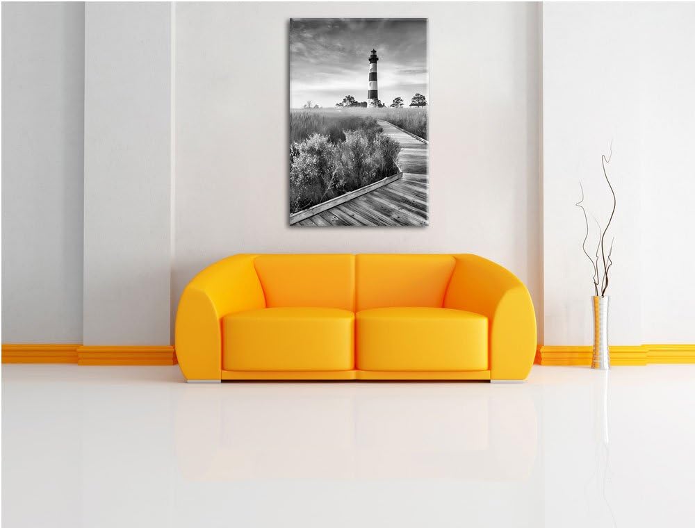 Pixxprint Leuchtturm im Nebel / 100x70cm Leinwandbild bespannt auf Holzrahmen/Wandbild Kunstdruck De