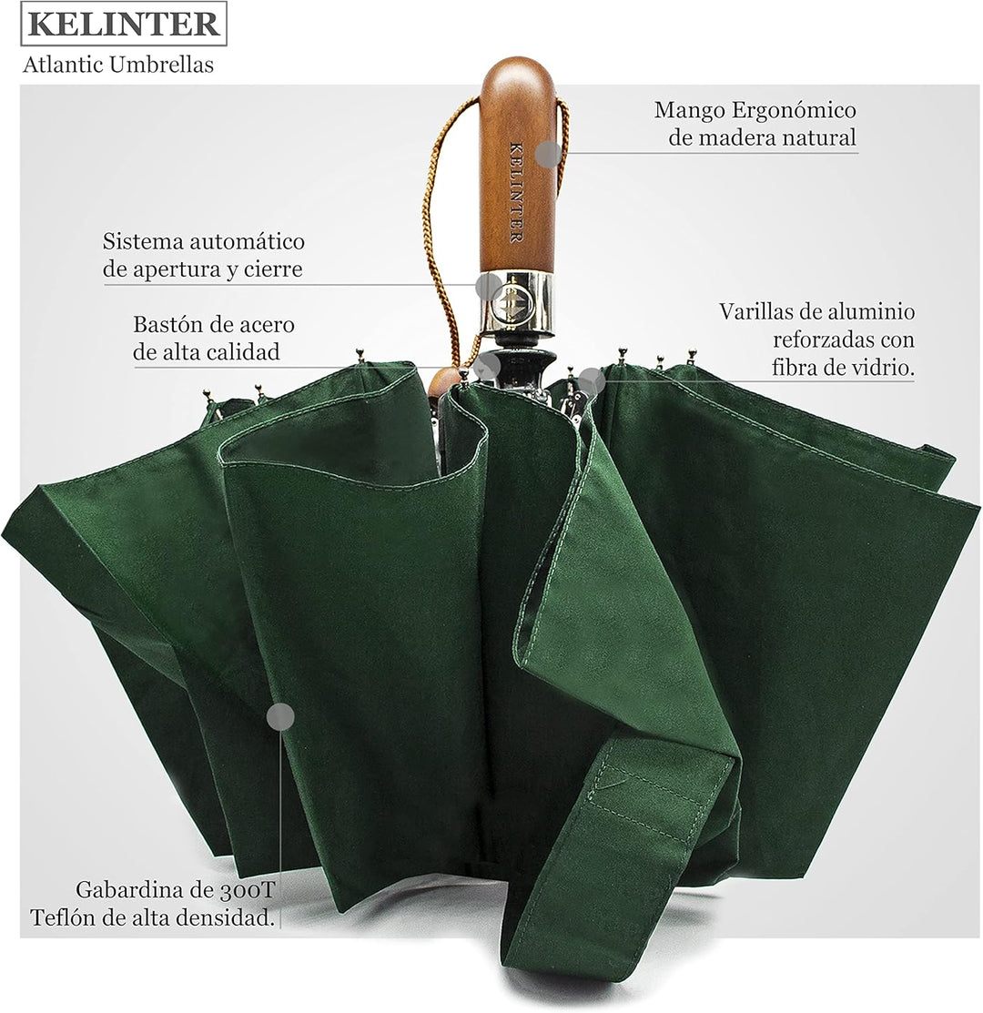 KELINTER Automatischer Klappschirm - 10 Verstärkte Streben, Teflon 300T, Windsicher, Holzgriff Ergon