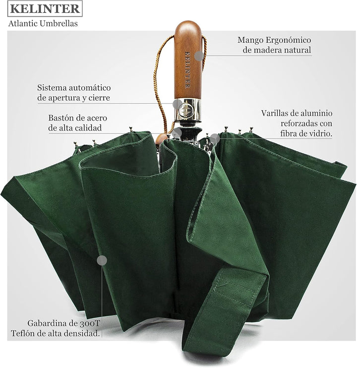 KELINTER Automatischer Klappschirm - 10 Verstärkte Streben, Teflon 300T, Windsicher, Holzgriff Ergon