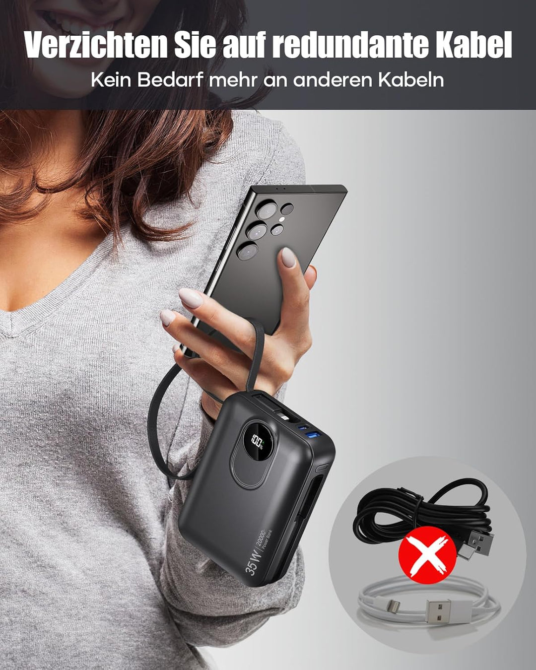 20000mAh Power Bank mit integriertem Kabel: 22.5W Schnell Aufladende Externe Batterie für Handy, USB