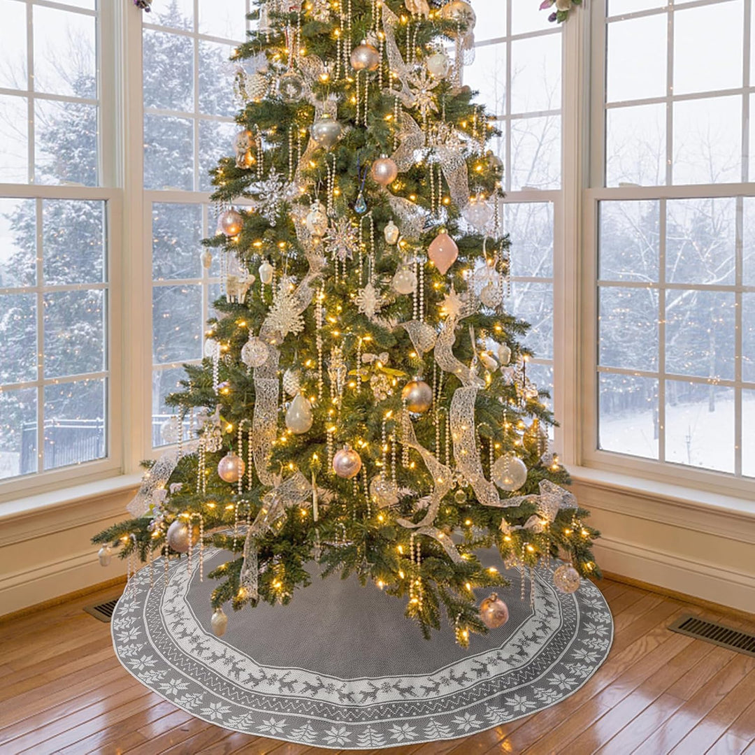 Weldomcor Weihnachtsbaum Rock 122cm Gestrickte Weihnachtsbaumdecke Pad Runde Elch Schneeflocken Gros
