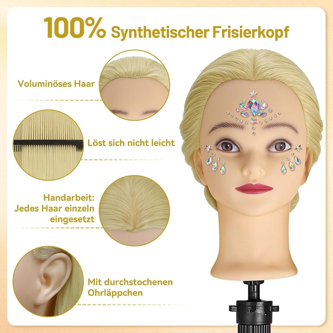 TwoWin 100% Synthetikhaar Frisierkopf mit Ohrlöchern, 71 cm (28 Zoll) Friseurkopf Übungskopf, Traini