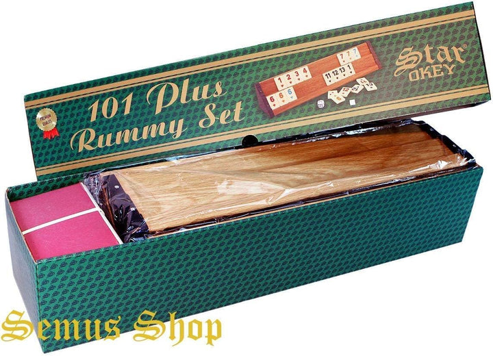 101 Plus Semus Star Rummy Set Okey - Materialien (Kunststoff-Spielbänke mit Holz Optik-Furnier - lei