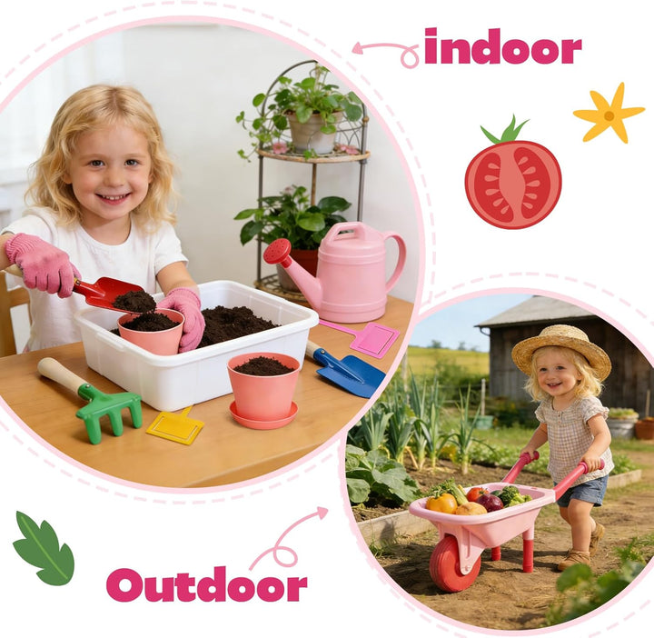 CUTE STONE Kinder-Gartenwerkzeugset, rosa Schubkarre, Gartenspielzeug | mit Giesskanne, Handschuhen,