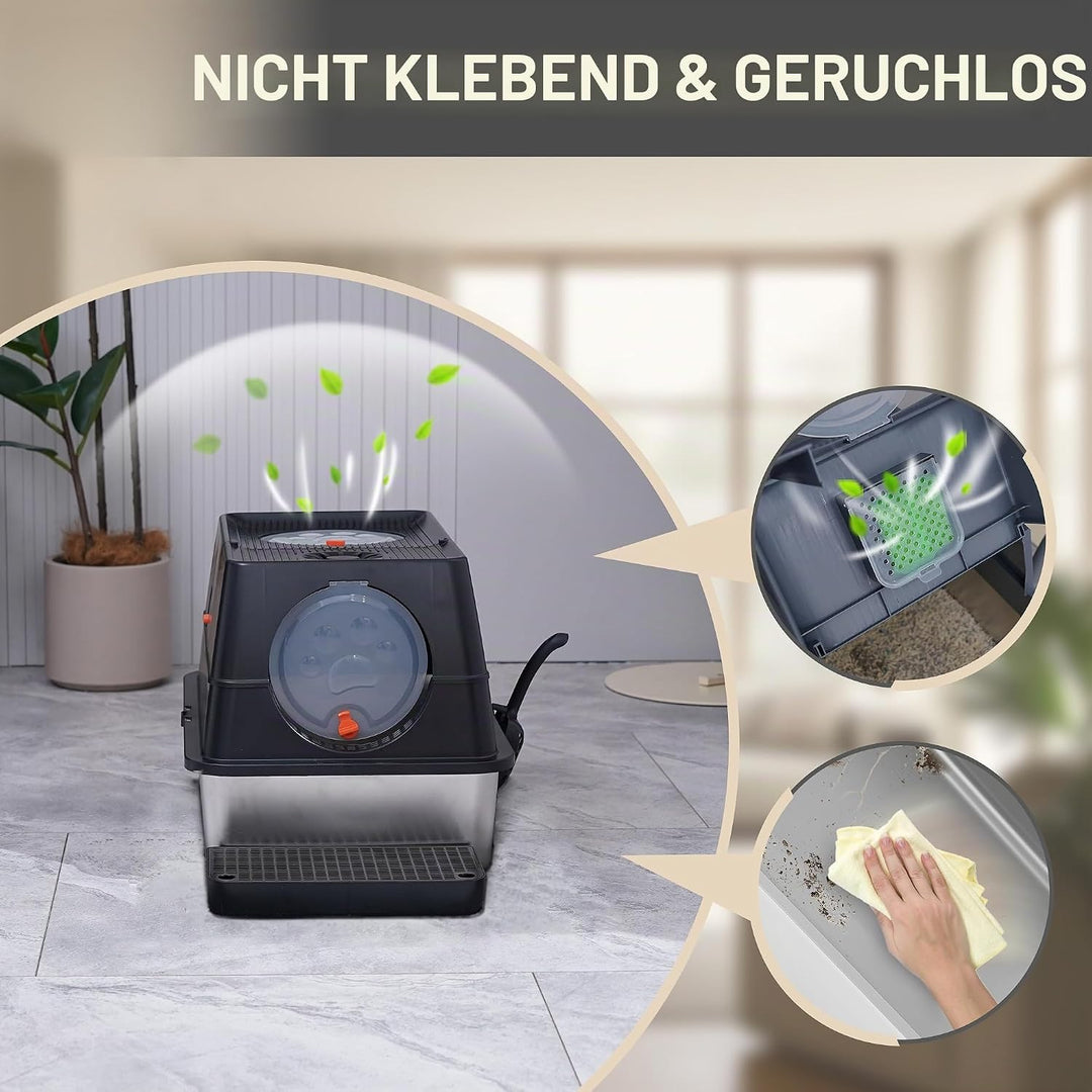 Katzenklo Edelstahl mit Deckel, XL Katzentoilette Geschlossen mit Schaufel, Zwei-Tür-Konfiguration,