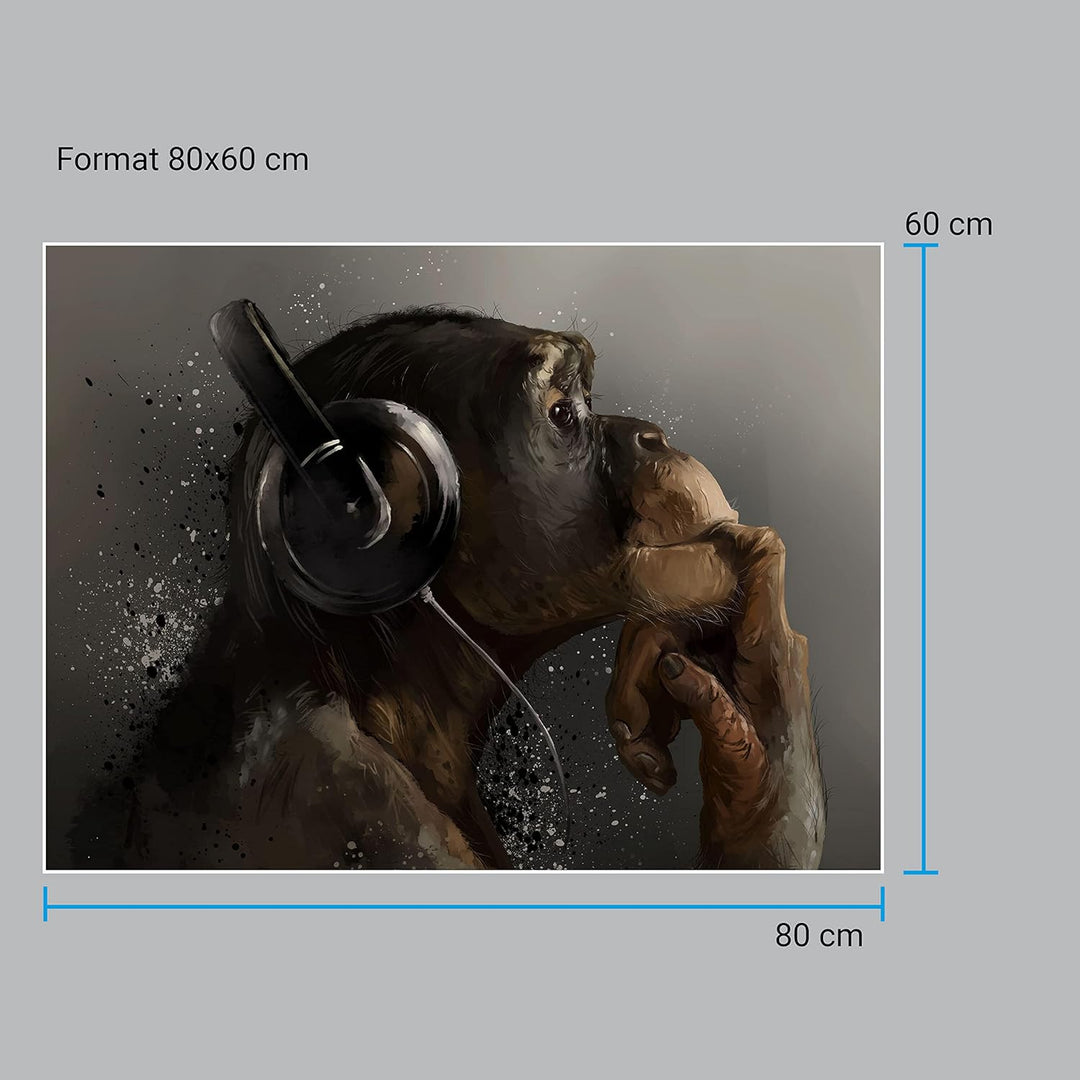 wandmotiv24 Poster als Wanddeko, Grösse 80x60cm, AFFE mit Kopfhörer, Headset, Musik, Tiere, Affen, M