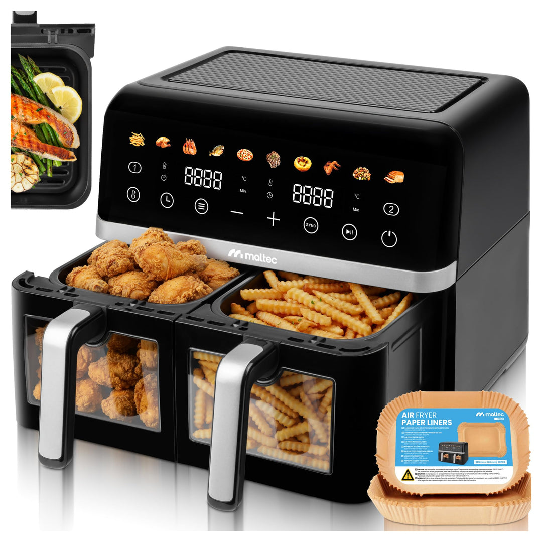 MalTec Heissluftfritteuse XL 2 kammern mit Sichtfenster, 10L Airfryer, Touchscreen, 2800 Watt, 10 Pr