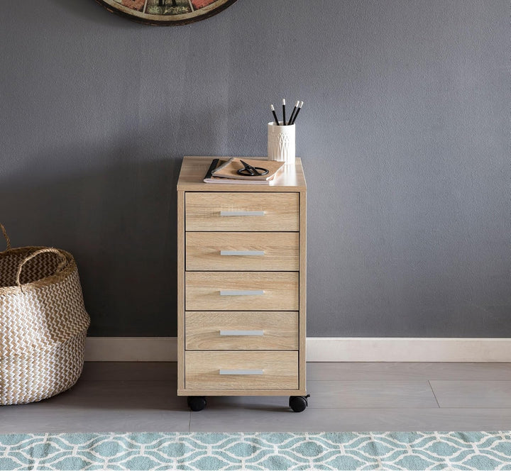 Finebuy Rollcontainer 33 x 63 x 38 cm Holz Schubladenschrank Schreibtisch, Büro Schrank mit 5 Schubl