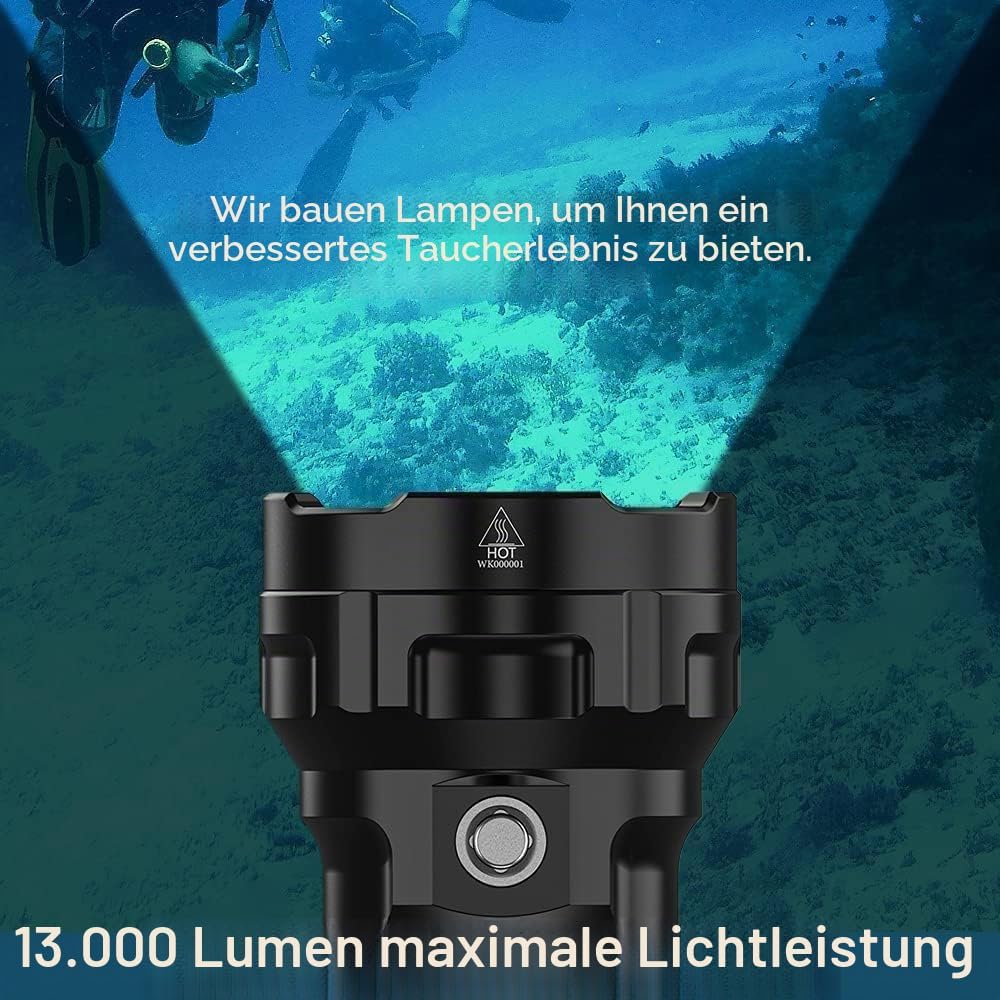Wurkkos DL70 Tauchlampe, 13.000 Lumen Tauchen Taschenlampe, 4*XHP50.2 LEDs Unterwasser Taschenlampe,