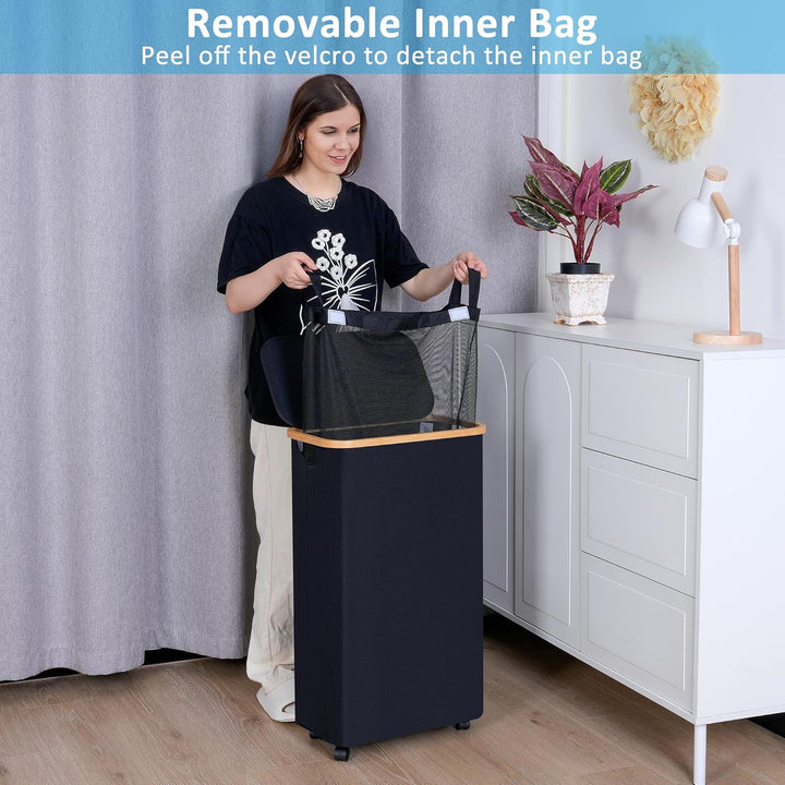 efluky Wäschekorb mit Rollen, 75L Faltbarer Wäschekorb mit Deckel, Beige Schlanker Wäschebehälter mi