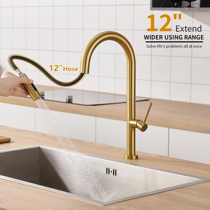 Wasserhahn Küche Gold, Hochdruck Küchenarmatur mit Herausziehbarer Brause, Hoher Bogen Armatur, Misc