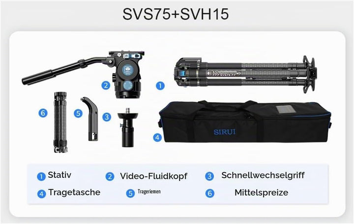 SIRUI SVS75 Rapid System Videostativ, Carbonfaser Stativ mit SVH15 Fluidkopf, EIN-Schritt-Höhenverst