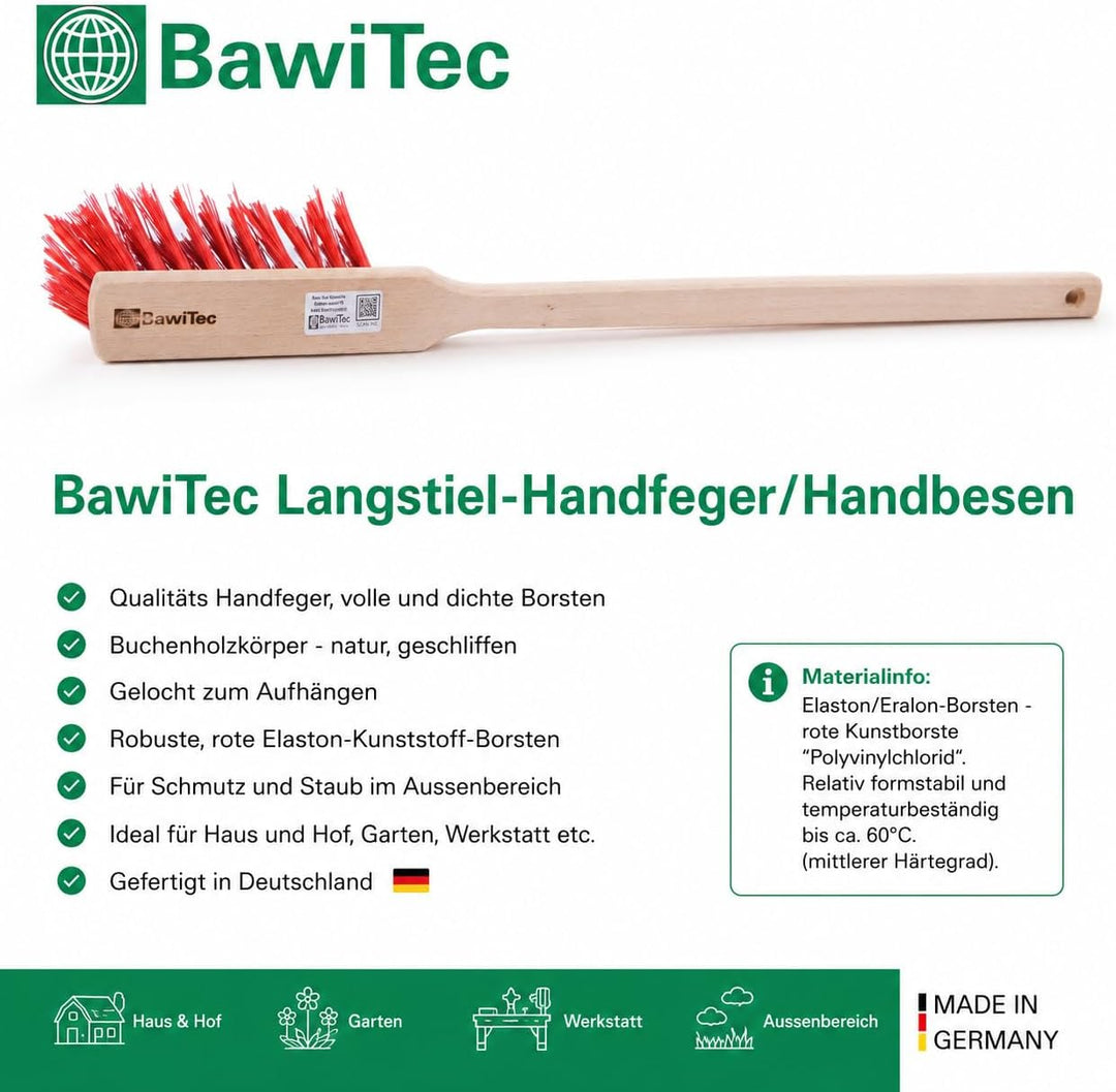 BawiTec Qualitäts Langstiel Handfeger,1 Stück,Länge 60cm,robuste rote Elaston-Kunststoff-Borsten,Hol
