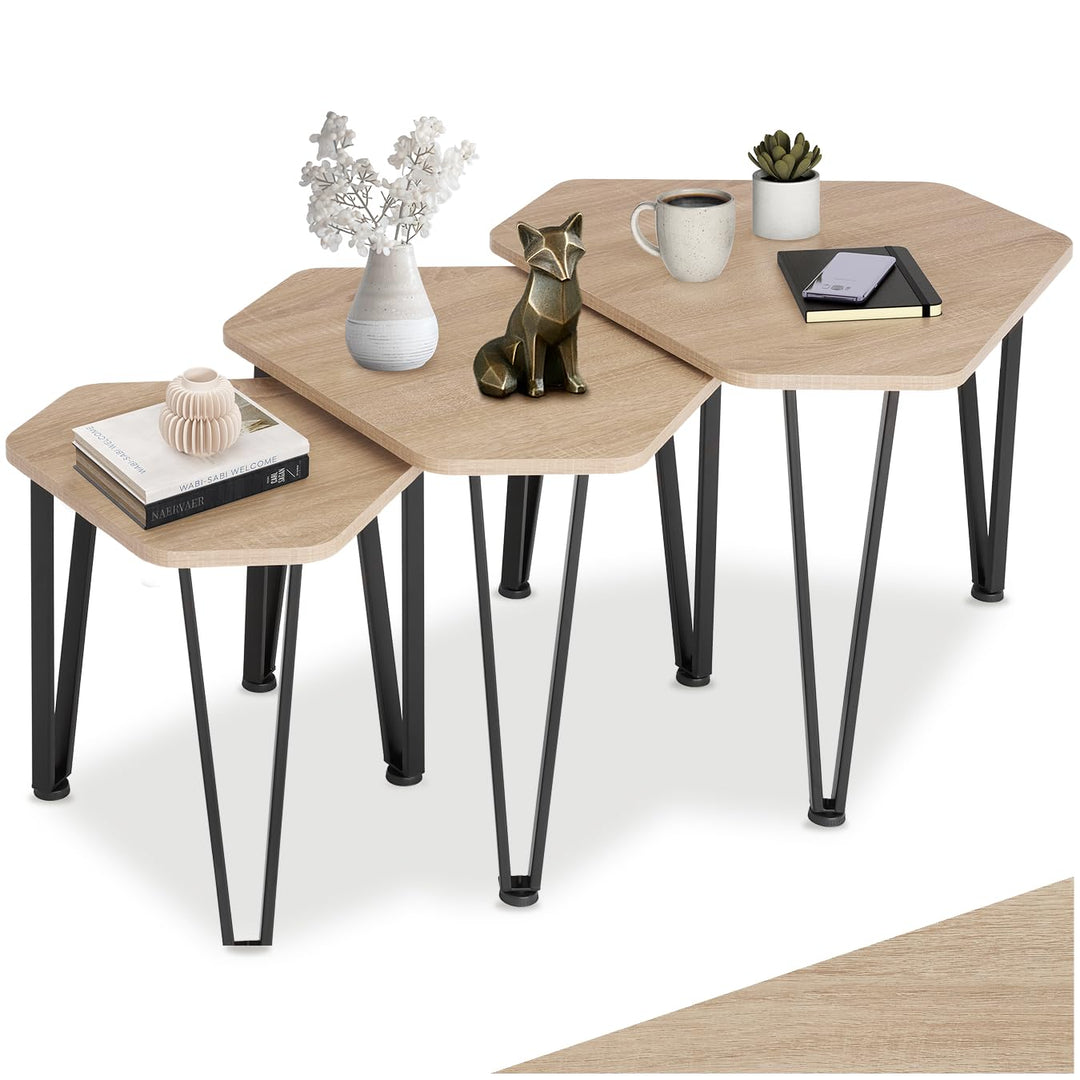 tectake Beistelltisch 3er Set, sechseckiger Couchtisch in 3 Grössen, Industrie-Stil, Holz Satztische