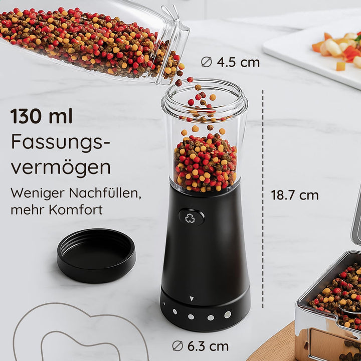 Salz und Pfeffermühle Elektrisch - Gustaro - 130ml - Einstellbarer Mahlgrad - USB-C Aufladbar - LED-