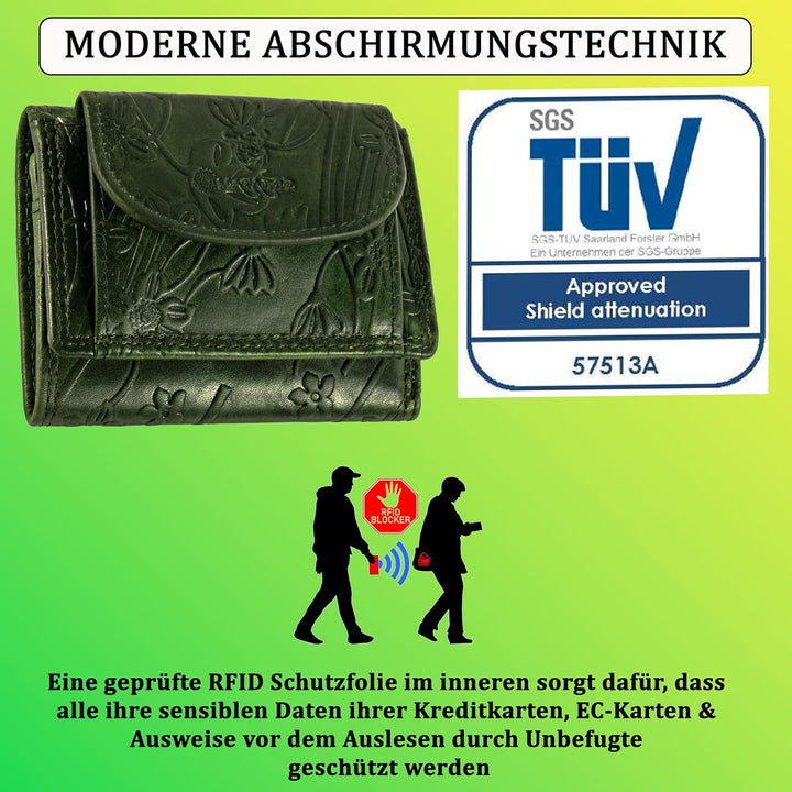 MATADOR Mini Geldtasche Echt Leder Herren Portemonnaie Klein Damen Blumen Muster Grün Klein Geldbörs