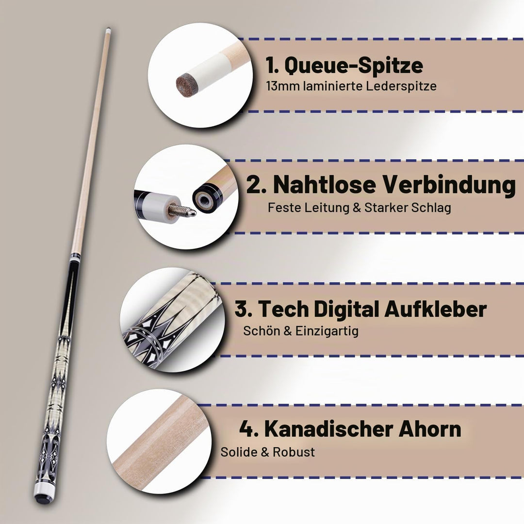 58" Pool Billard Queue with 13mm Tip,19 20 oz Billiard Cue,Schwarz oder Weiss，1/2 Maple Queue Sticks