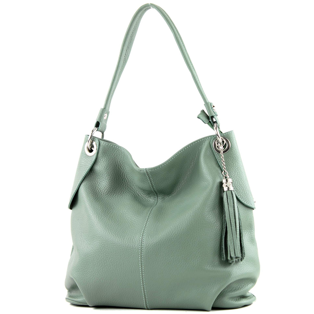 modamoda de T185 Damen Leder Schultertasche, handmade in Italy Graugrün, Graugrün