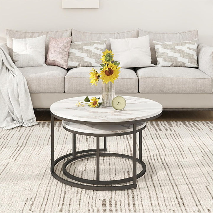 Couchtisch Schwarz, Couchtisch 2er Set mit 1 Grosser Couchtisch Rund und 1 Kleiner Tisch, Beistellti