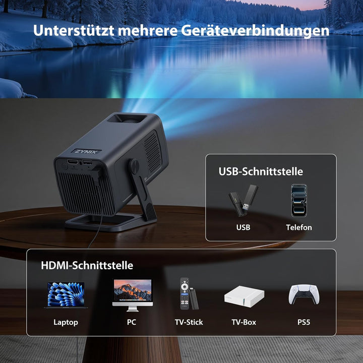 ZYNIX Smart Mini Beamer mit Android 14, unterstützt 4K & 1080P, WLAN Projektor mit WiFi 6 & Bluetoot