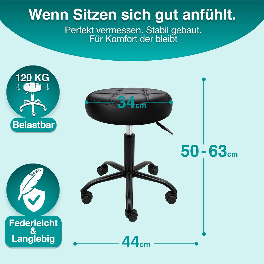 Rollhocker mit Metall-Basis und leisen Softrollen [Neues Modell] – höhenverstellbar, 360° drehbar, k