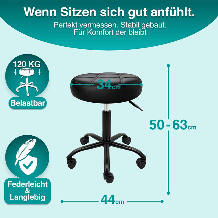 Rollhocker mit Metall-Basis und leisen Softrollen [Neues Modell] – höhenverstellbar, 360° drehbar, k