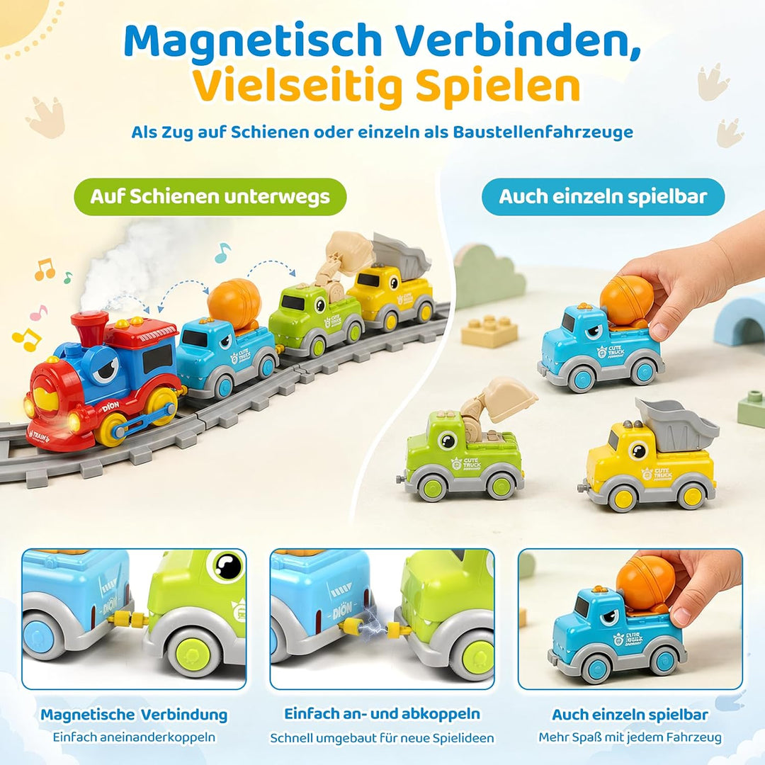 Zug Set Spielzeug mit Schienen &amp; Dampfeffekt ab 2 Jahr, Magnetisches Dinosaurier Baustellenfahrzeuge