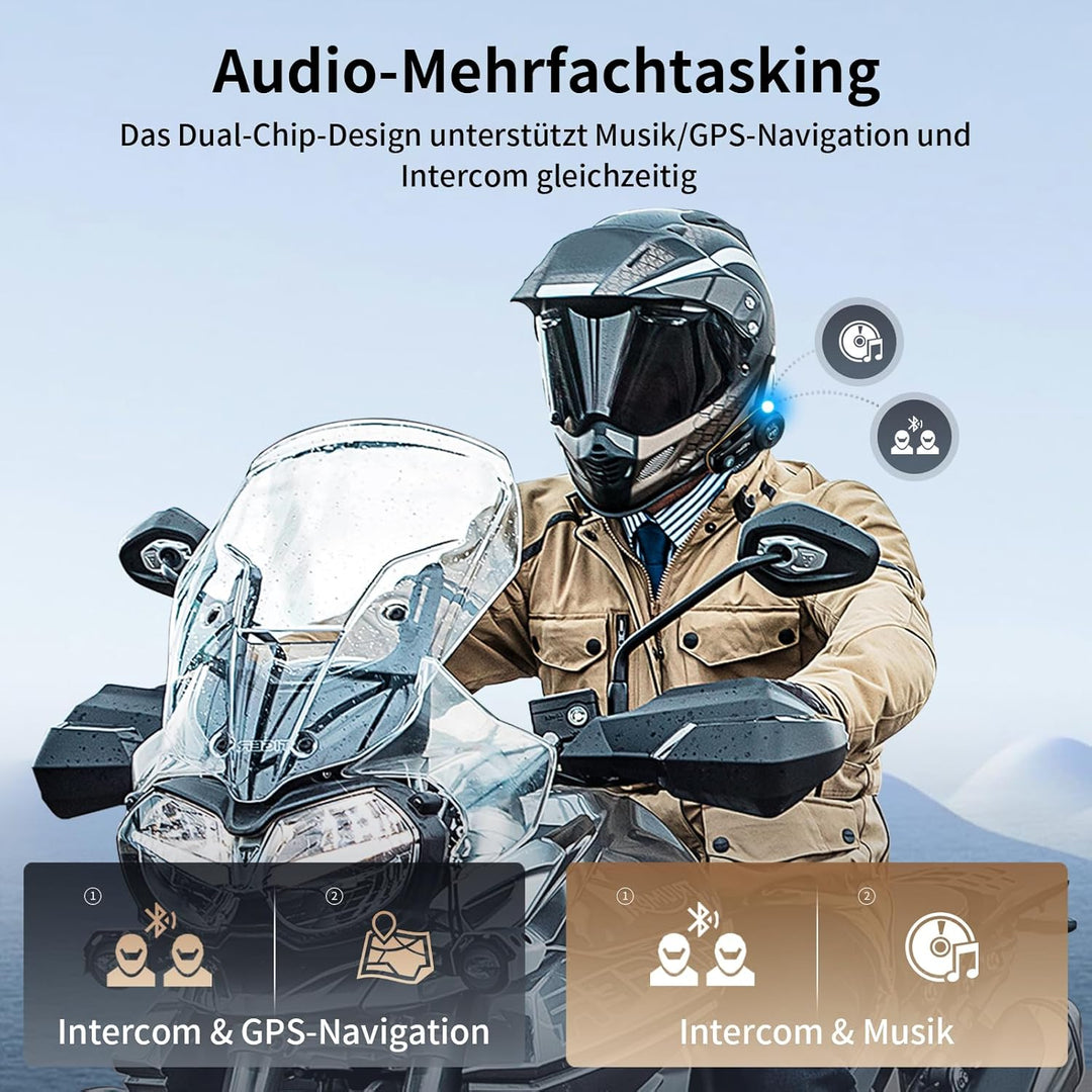 Fodsports FX8 Pro Motorrad Headset, Dual-Chip Multi-Audio Funktion, Motorradhelm Headset bis zu 10 M