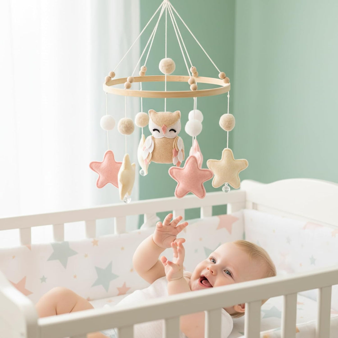 Baby-Mobile für das Kinderbett, hölzernes Babybett-Mobile mit Filzkugeln, Eule und Stern, Bettglocke