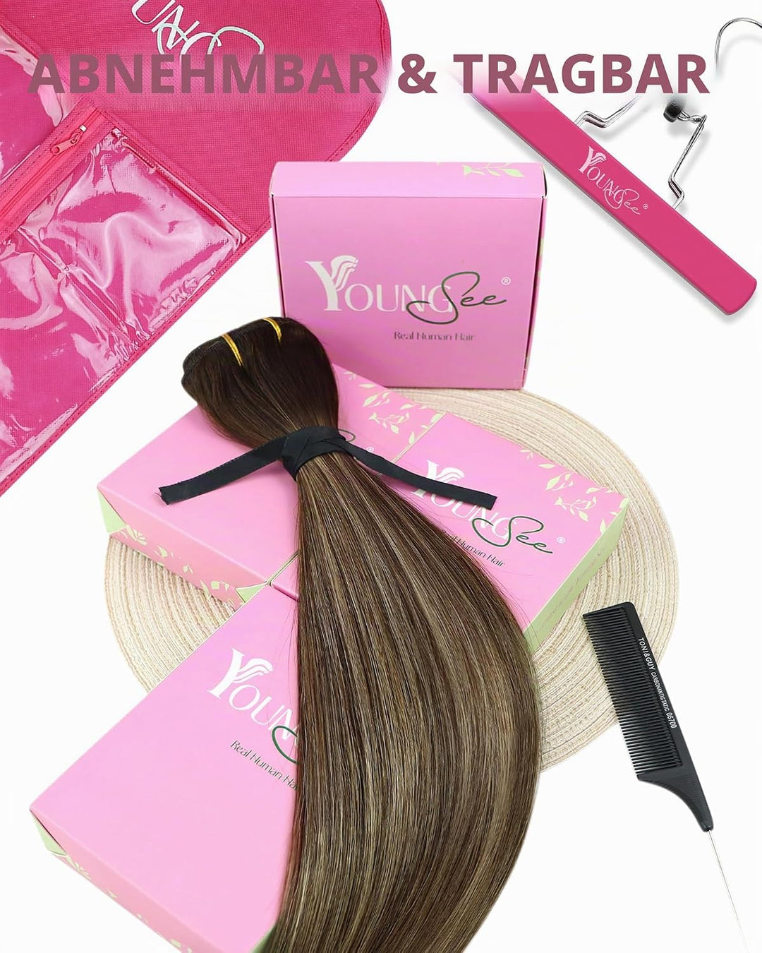 YoungSee Clip in Extensions Echthaar Ombre 30cm Echthaar Extensions Clip Dunkelbraun Balayage Karame