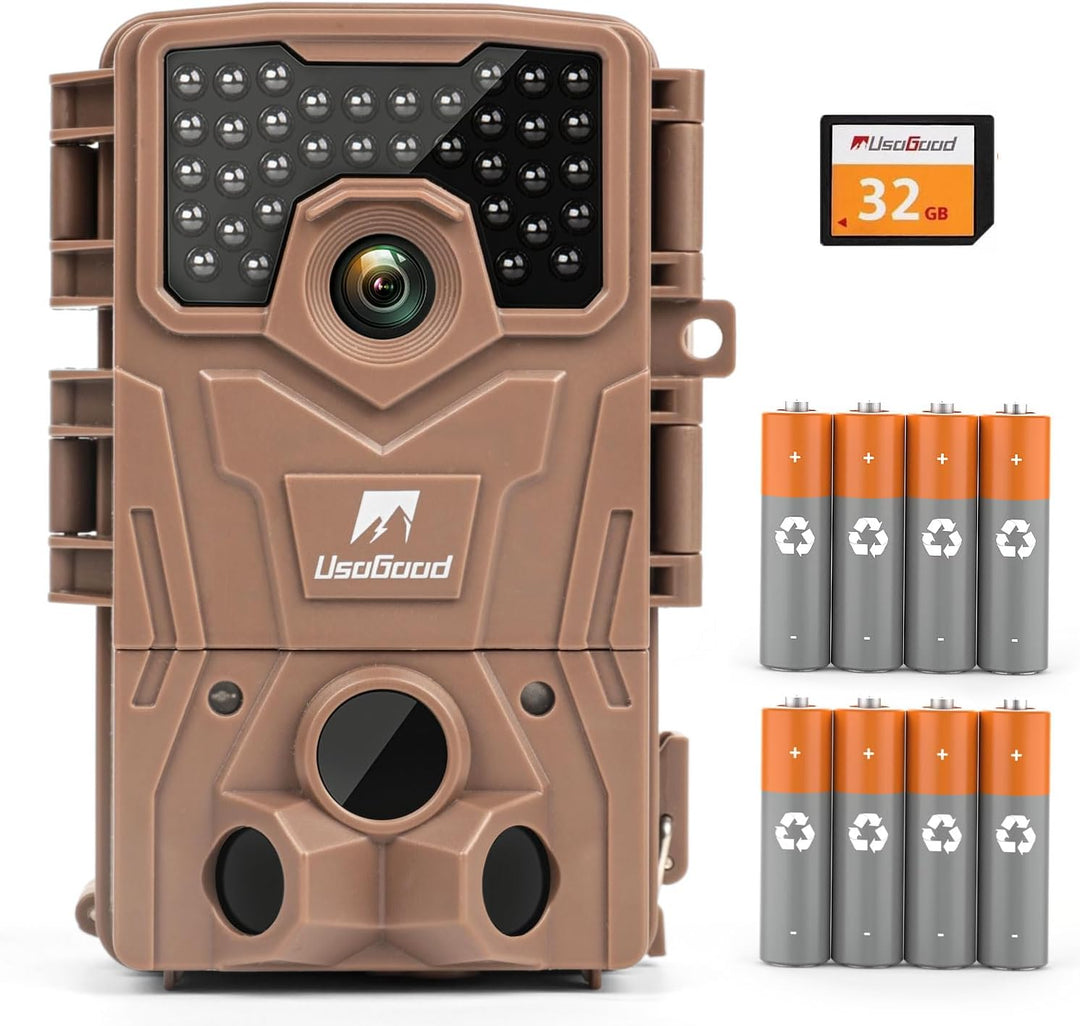 usogood Wildkamera 4K 48MP 30 fps mit Nachtsicht, Bewegungserkennung und Batterie 8 AA + 32 GB, wass