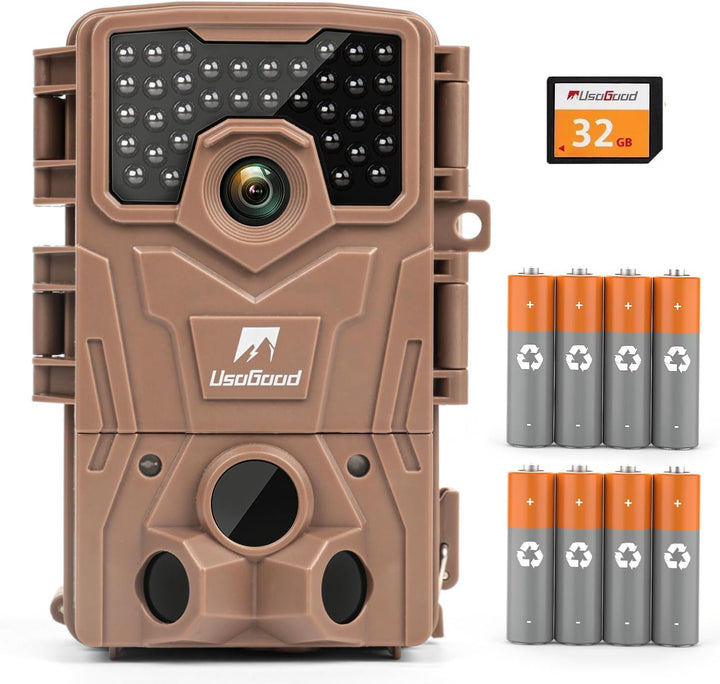 usogood Wildkamera 4K 48MP 30 fps mit Nachtsicht, Bewegungserkennung und Batterie 8 AA + 32 GB, wass