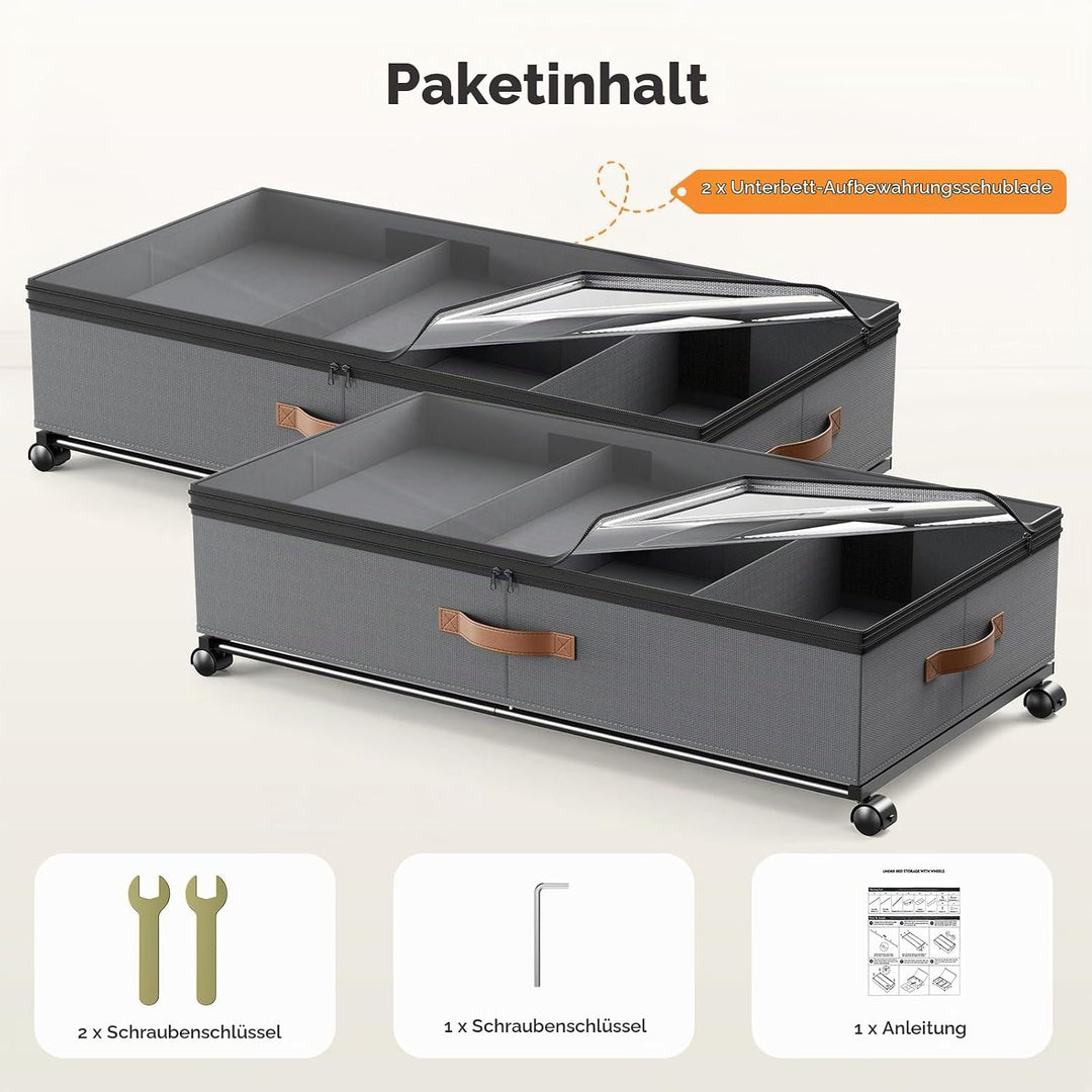 2 Stück Unterbett Aufbewahrungsbox 72L, Unterbettkommode Bettkasten mit Rollen 360°Drehung, Unterbet