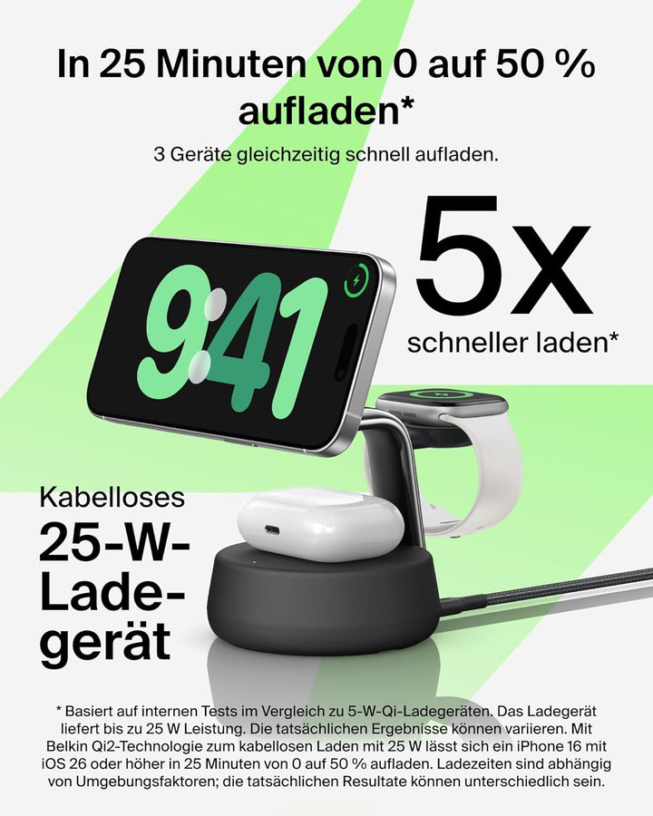 Belkin UltraCharge Pro Qi2.2 Induktive Ladestation, 25W, 3 in 1 Ladegerät MagSafe Kompatibel, Wirele