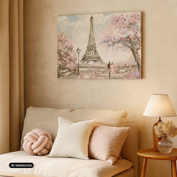 Bilder auf Leinwand 100x70cm Leinwandbild Bäume Eiffle Paar Frankreich Gross Wanddeko Bild Schlafzim
