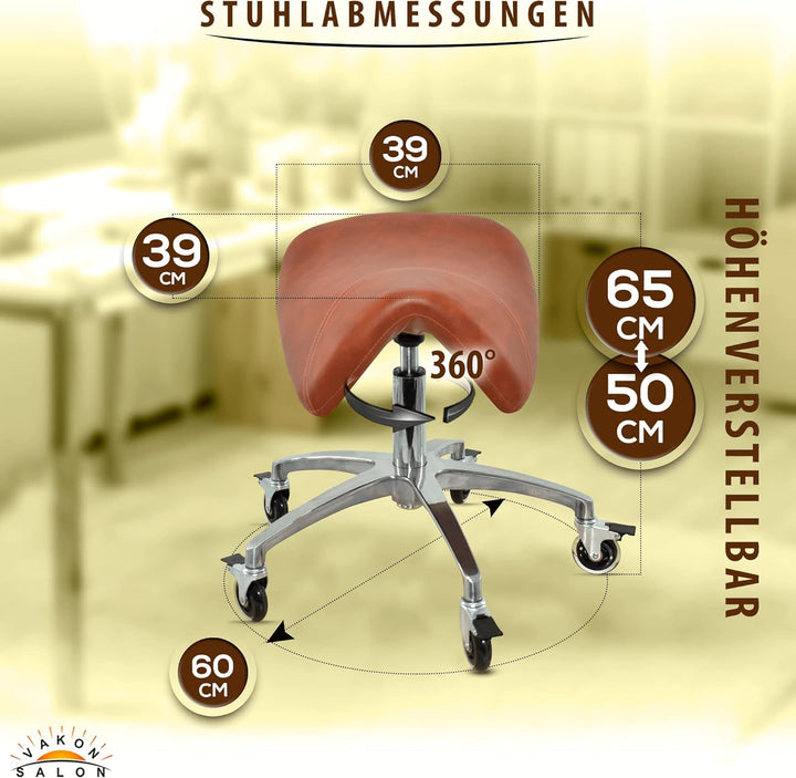 Premium Sattelhocker Hellbraun mit Bremse, Sattelstuhl für Rückenentlastung, Rollhocker höhenverstel
