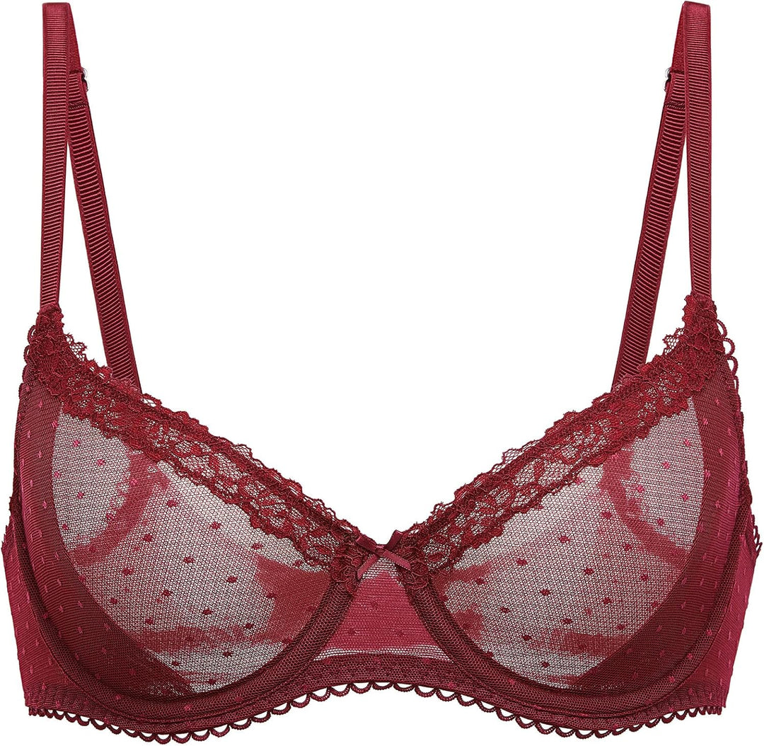 DOBREVA Damen Balconette Spitze BH Sexy Durchsichtige Bügel BHS Grosse Grössen 70A Dunkelrot, 70A Du