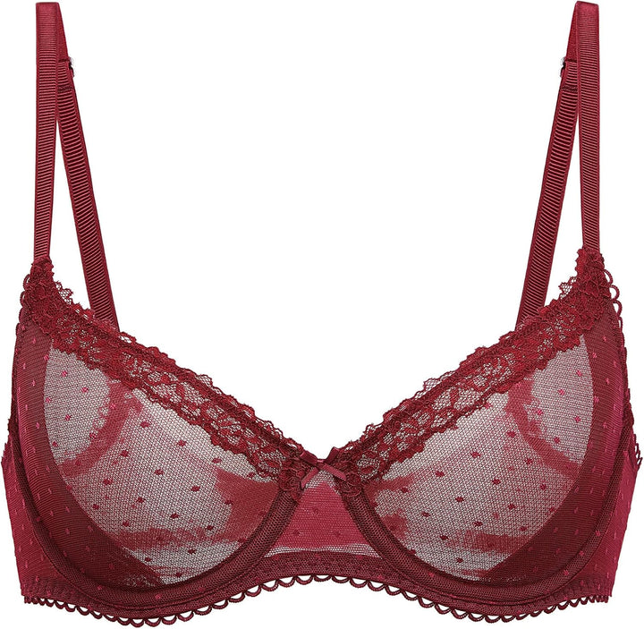 DOBREVA Damen Balconette Spitze BH Sexy Durchsichtige Bügel BHS Grosse Grössen 70A Dunkelrot, 70A Du