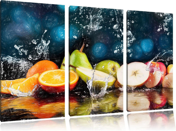 Pixxprint Früchte im Wasser als Leinwandbild/Grösse: 3 Teilig (120x80 cm) cm/Wandbild/Kunstdruck/fer