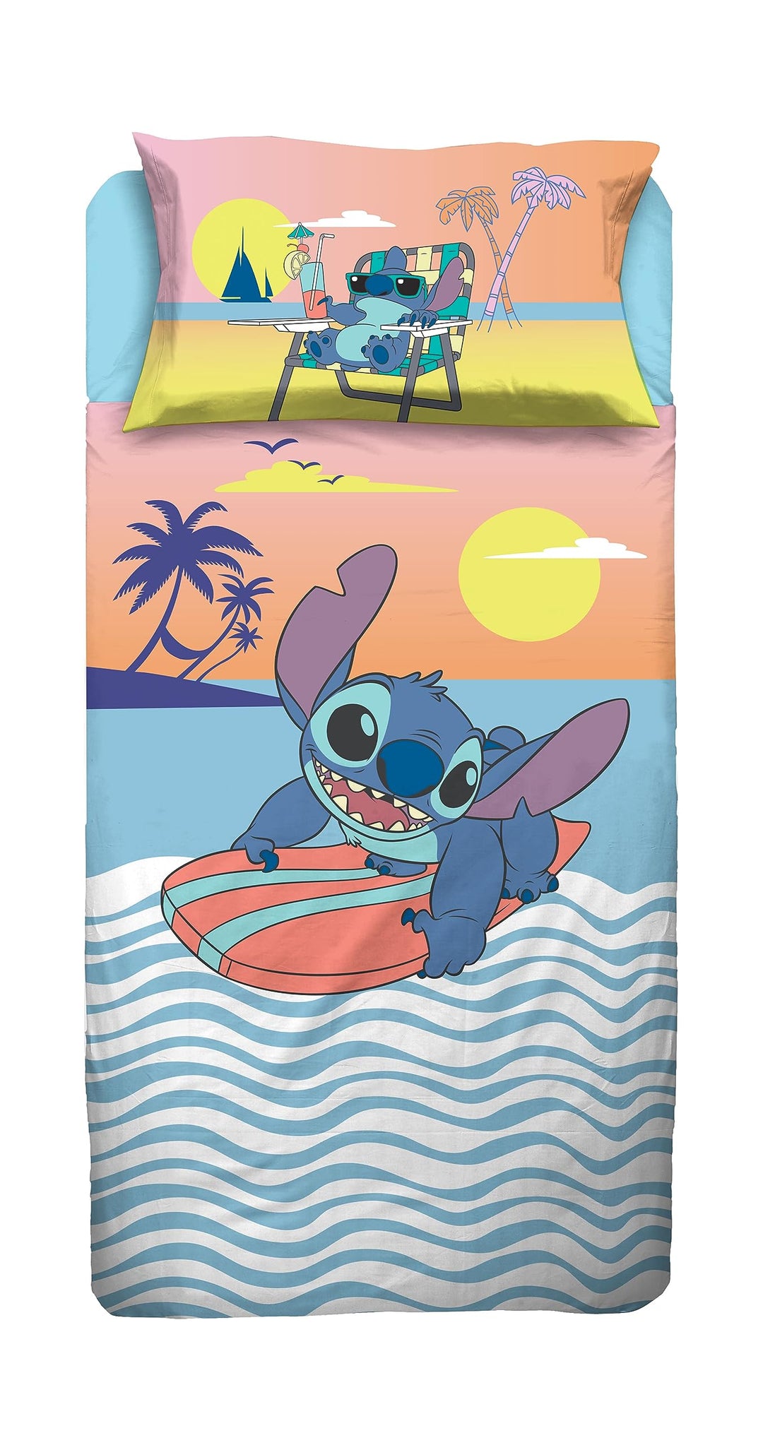 Stitch, Bettlaken für Einzelbett, Spannbettlaken, Kissenbezug, Blau, Disney, 100% Baumwolle, offizie