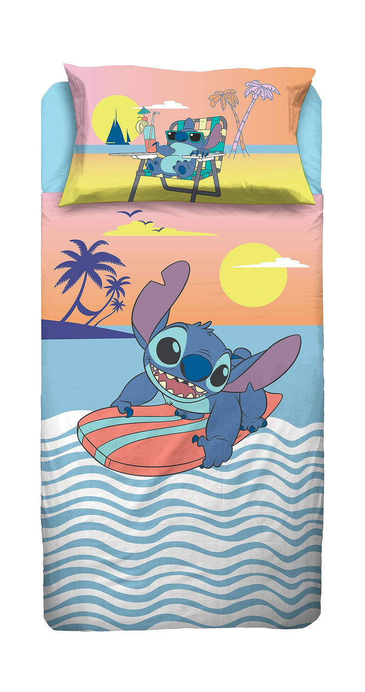 Stitch, Bettlaken für Einzelbett, Spannbettlaken, Kissenbezug, Blau, Disney, 100% Baumwolle, offizie